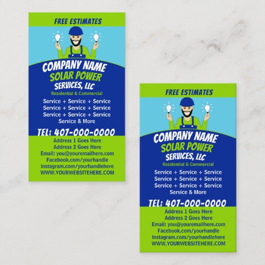 Zonnepaneel gloeilamp diensten bedrijf visitekaartje (Voorkant / Achterkant)