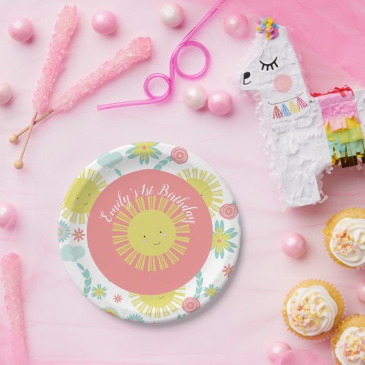 Zonneregenboog Floral Birthday Papieren Bordje (Feest)