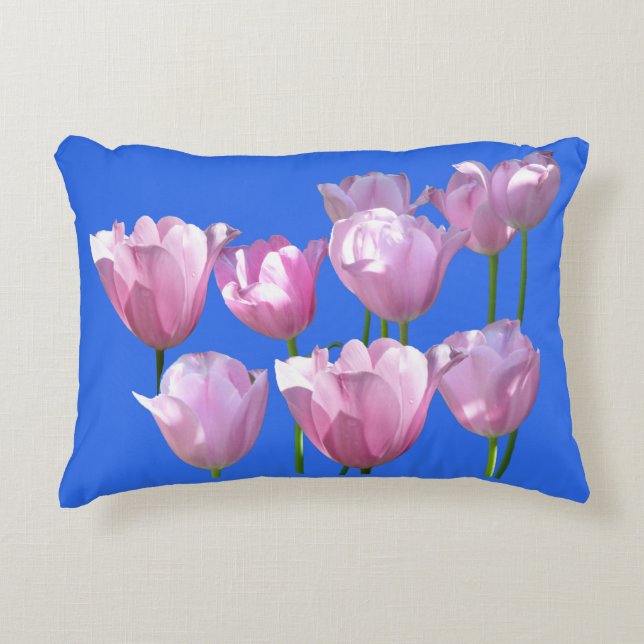Zonneroze Tulpen op Cust. Achtergrond kleurenstraa Accent Kussen (Voorkant)