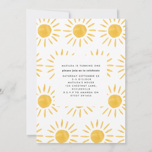 zonneschijn 1 verjaardag waterverf zongeel modern kaart (Achterkant)