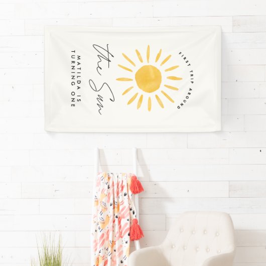 zonneschijn 1 verjaardag waterverf zongeel modern spandoek (Insitu)