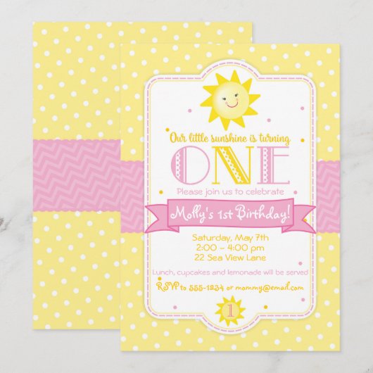 Zonneschijn 1e verjaardag uitnodiging (Voorkant / Achterkant)
