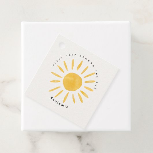 Zonneschijn 1e verjaardag waterverf zon bedankjes labels (In situ)