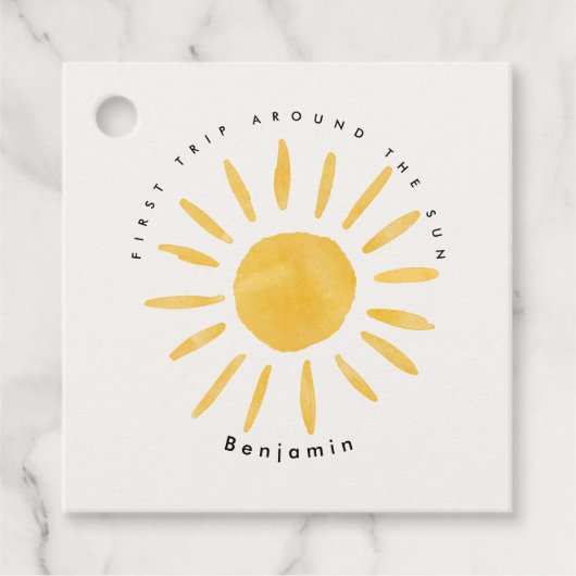 Zonneschijn 1e verjaardag waterverf zon bedankjes labels (Voorkant)