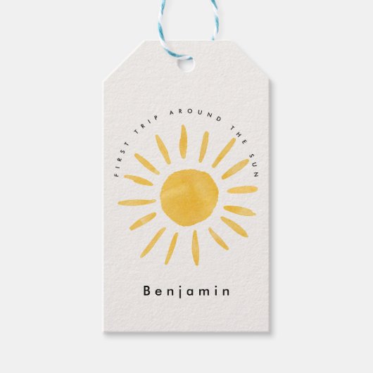 Zonneschijn 1e verjaardag waterverf zon cadeaulabel (Voorkant)