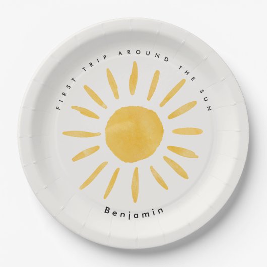 Zonneschijn 1e verjaardag waterverf zon papieren bordje (Voorkant)