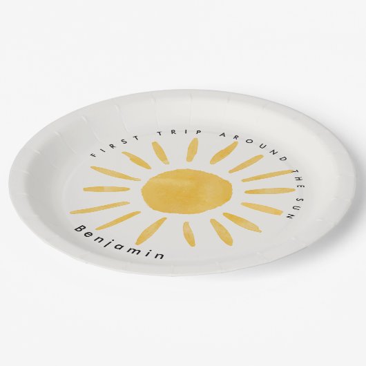 Zonneschijn 1e verjaardag waterverf zon papieren bordje (Gekanteld)