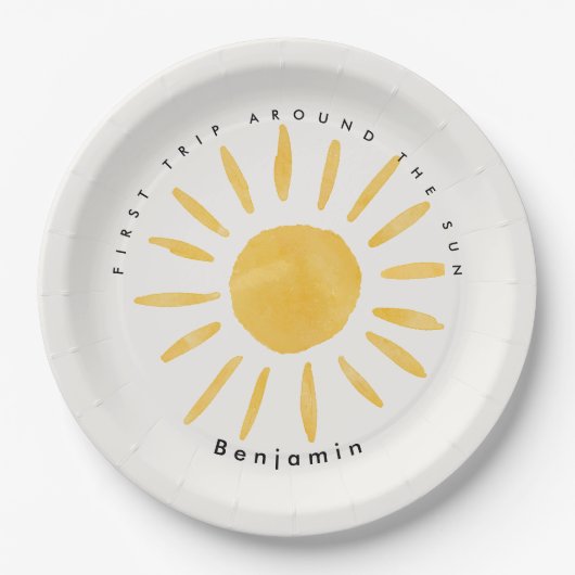 Zonneschijn 1e verjaardag waterverf zon papieren bordje (Voorkant)