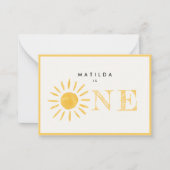 Zonneschijn 1e verjaardag zon geel dank u notitiekaartje (Voorkant)