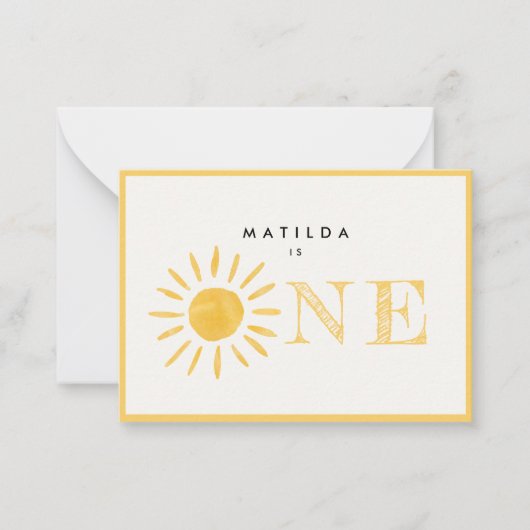 Zonneschijn 1e verjaardag zon geel dank u notitiekaartje (Voorkant)