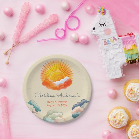 Zonneschijn en Wolken Geel Grijs Retro Baby shower Papieren Bordje (Feest)