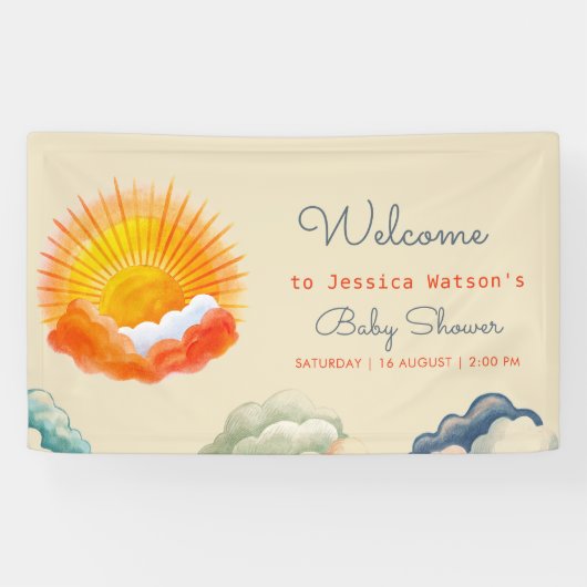 Zonneschijn en Wolken Geel Grijs Retro Baby shower Spandoek (Horizontaal)