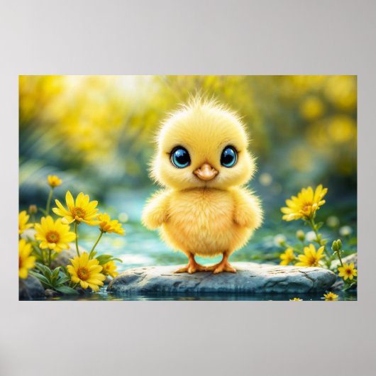 Zonneschijn geel pluizige kip blauw - eyed bird poster (Voorkant)