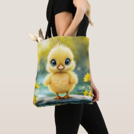 Zonneschijn geel pluizige kip blauw - eyed bird tote bag