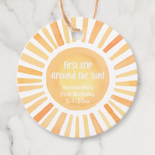 Zonneschijn genderneutraal 1e verjaardagsfeest bedankjes labels (Voorkant)