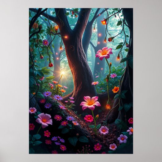 Zonneschijn in een grillig sprookjesbos poster (Voorkant)