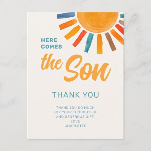 Zonneschijn Jongens Baby Shower Bedankt  Briefkaart (Voorkant)