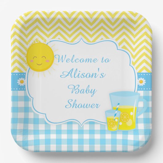 Zonneschijn & limonade blauw & geel papieren bordje (Voorkant)