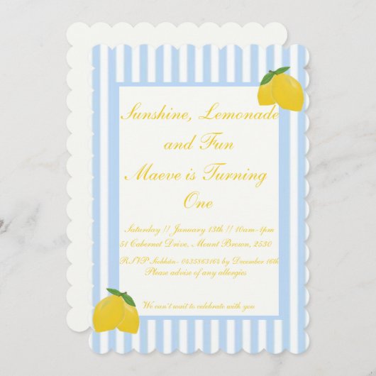 Zonneschijn, limonade en Leuk 1e Verjaardag Uitnod Kaart (Voorkant / Achterkant)