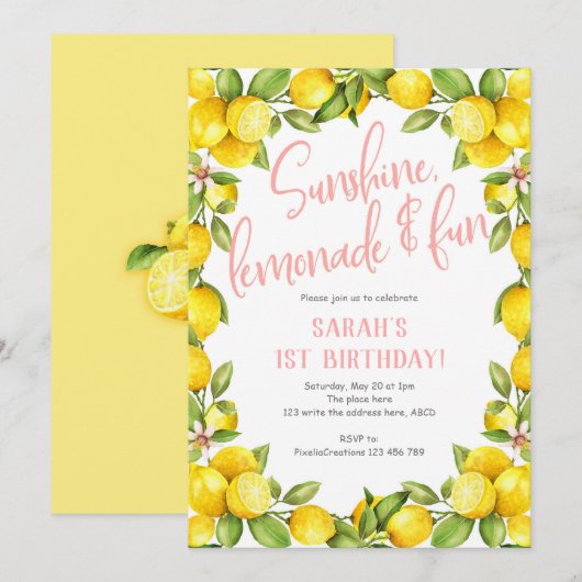 Zonneschijn limonade, Lemon 1e verjaardag uitnodig Kaart (Voorkant / Achterkant)