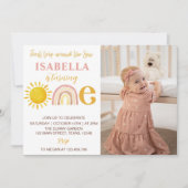 Zonneschijn Regenboog 1e Verjaardag Foto uitnodigi Bedankkaart (Voorkant)