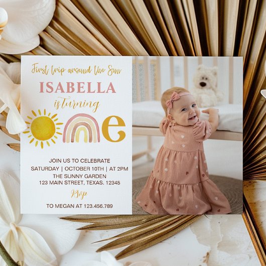 Zonneschijn Regenboog 1e Verjaardag Foto uitnodigi Bedankkaart