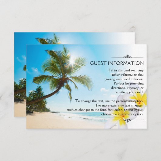 Zonneschijn Strand Palmbomen Plumerias Wedding Inf Informatiekaartje (Voorkant / Achterkant)