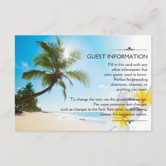 Zonneschijn Strand Palmbomen Plumerias Wedding Inf Informatiekaartje (Voorkant)