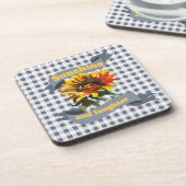 Zonneschijn Zonnebloem Blauw-grijs Gingham Bier Onderzetter (Linkerzijde)