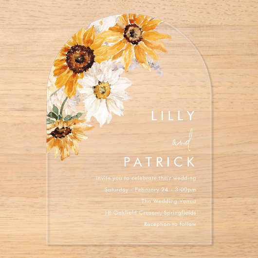 Zonneschijn Zonnebloem Moderne bruiloft Acryl Uitnodigingen (Voorkant)
