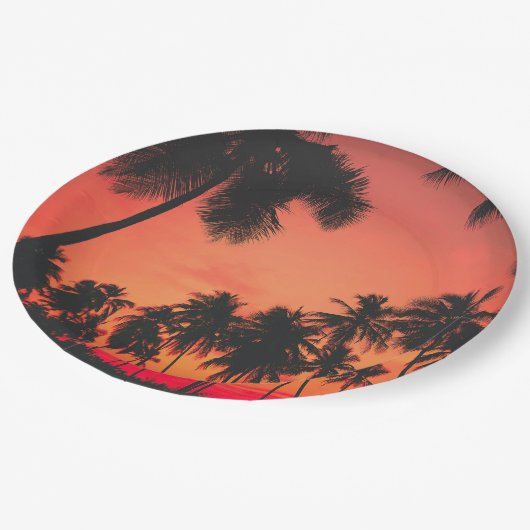 Zonneset tropische palmboom papieren bordje (Gekanteld)