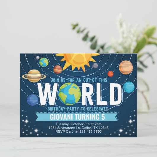 Zonnestelsel in de ruimte - uitnodiging op zaterda (Staand voorkant)