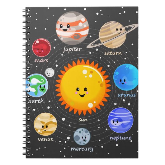 Zonnestelsel Kawaii happy planets sterren Notitieboek (Voorkant)