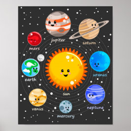 Zonnestelsel kawaii illustratie zon en planeten poster