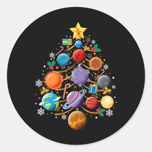 Zonnestelsel Planeten Kerstboom Astronomie Xmas Ronde Sticker (Voorkant)