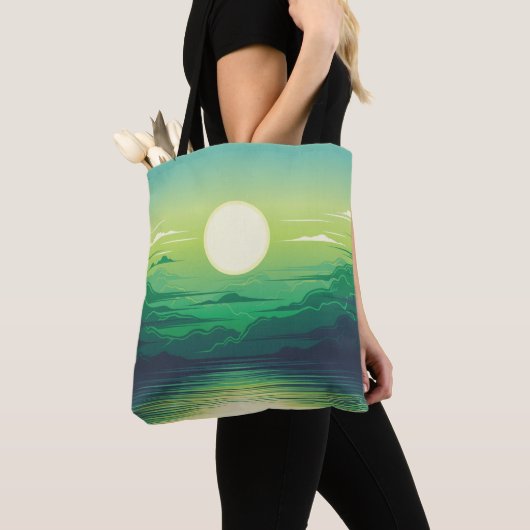 Zonnestijging in de illustratie van het zee, kunst tote bag (Dichtbij)