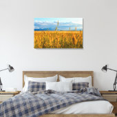 Zonnestralen boven tarweveld met bergen canvas afdruk (Insitu (Slaapkamer))