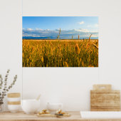 Zonnestralen boven tarweveld met bergen poster (Keuken)