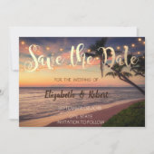 Zonnestrand bruiloft, palmen, lichten sparen de da save the date (Voorkant)