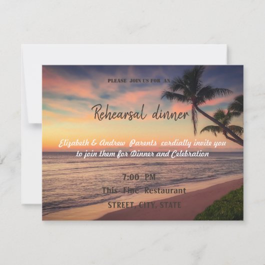 Zonnestrand bruiloft, Palms repetitief avondeten Kaart (Voorkant)