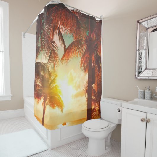 Zonnestrand met palmbomen en prachtige hemelboom douchegordijn (In situ)