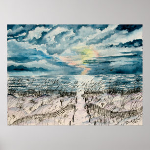 Zonnestrandafdrukken in de strandzonsondergang poster