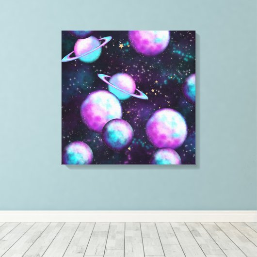 Zonnesysteemgloed | Kosmic Blue Paars roze planet Canvas Afdruk (Insitu (Houten vloer))