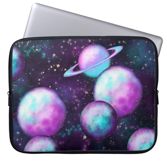 Zonnesysteemgloed | Kosmic Blue Paars roze planet Laptop Sleeve (Voorkant)