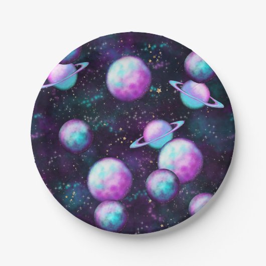 Zonnesysteemgloed | Kosmic Blue Paars roze planet Papieren Bordje (Voorkant)