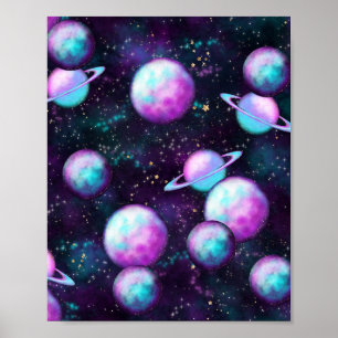 Zonnesysteemgloed Kosmic Blue Paars roze planet Poster