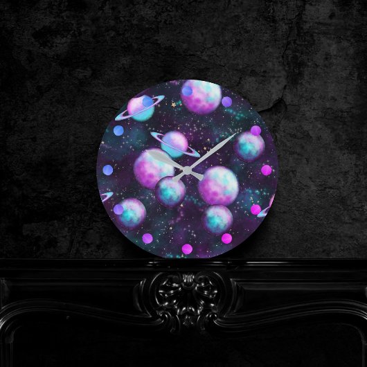 Zonnesysteemgloed | Kosmic Blue Paars roze planet Ronde Klok