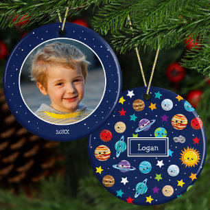 Zonnesysteempatroon voor kinderen met kerstfoto's keramisch ornament