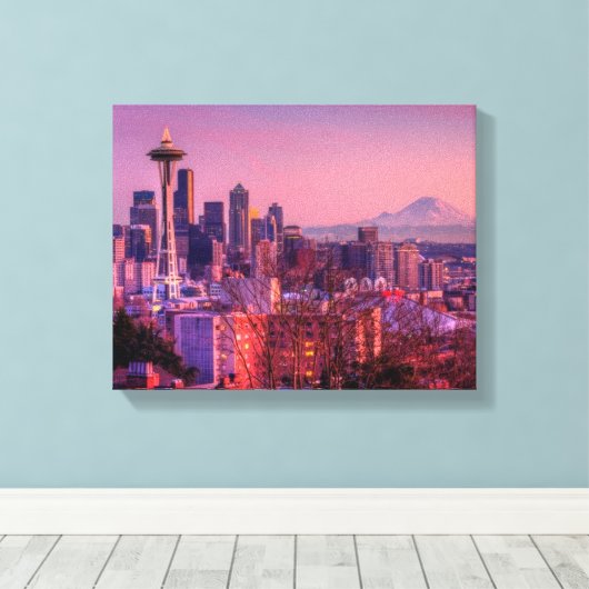 Zonnetijd achter Seattle skyline van Kerry Park. Canvas Afdruk (Insitu (Houten vloer))