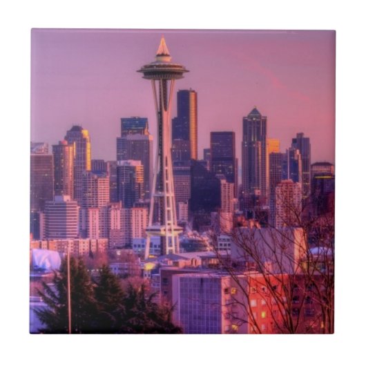 Zonnetijd achter Seattle skyline van Kerry Park. Tegeltje (Voorkant)